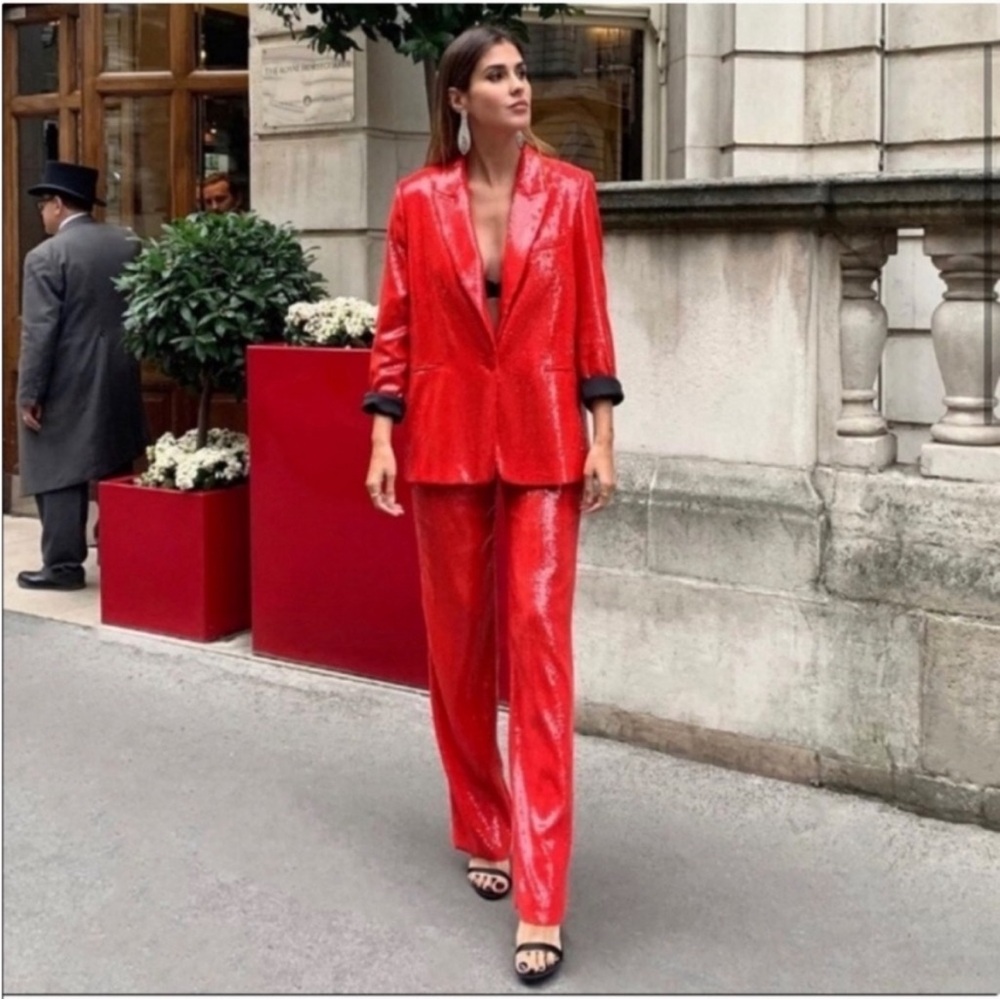 Zara Red Sequin Blazer Bloggers Favorite Sz XS